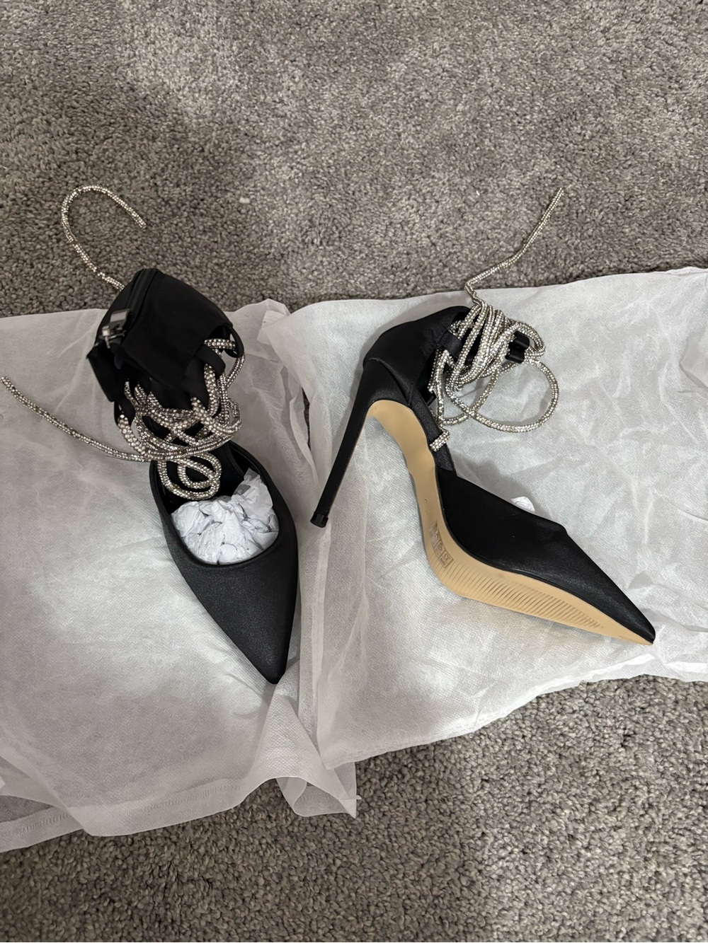 SHEIN Black Satin Pointed Toe Stiletto Heels with Rhinestone Wrap